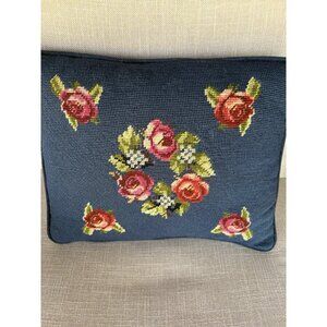 Vintage Wool Needlepoint Roses Throw Pillow Blue Velvet Back 16x13”
